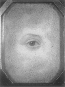 Monochrome image of miniature painting of eye
