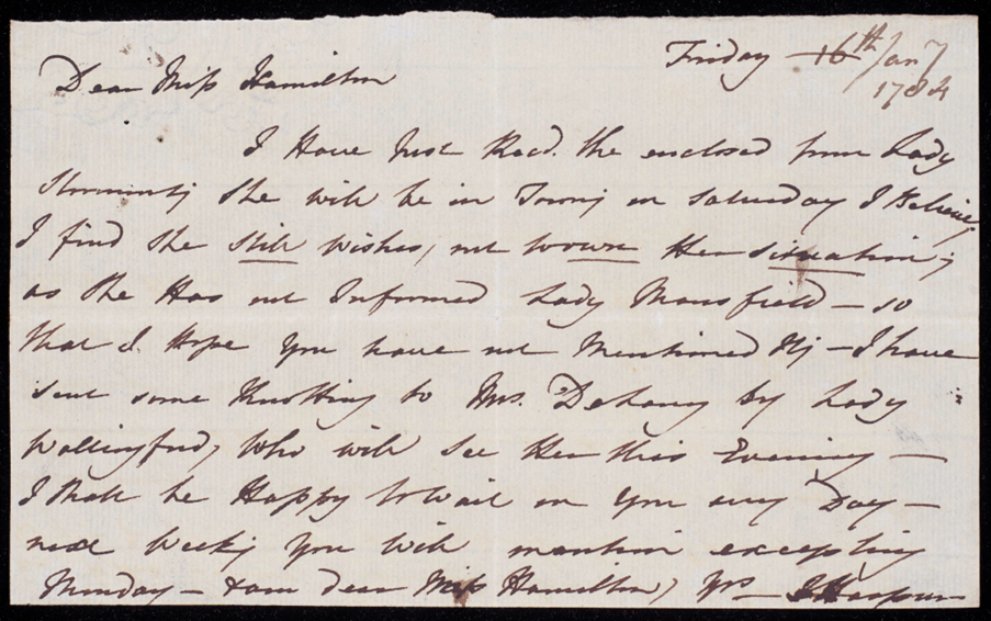 A ms. note by Frances Harpur (HAM/1/16/21)
